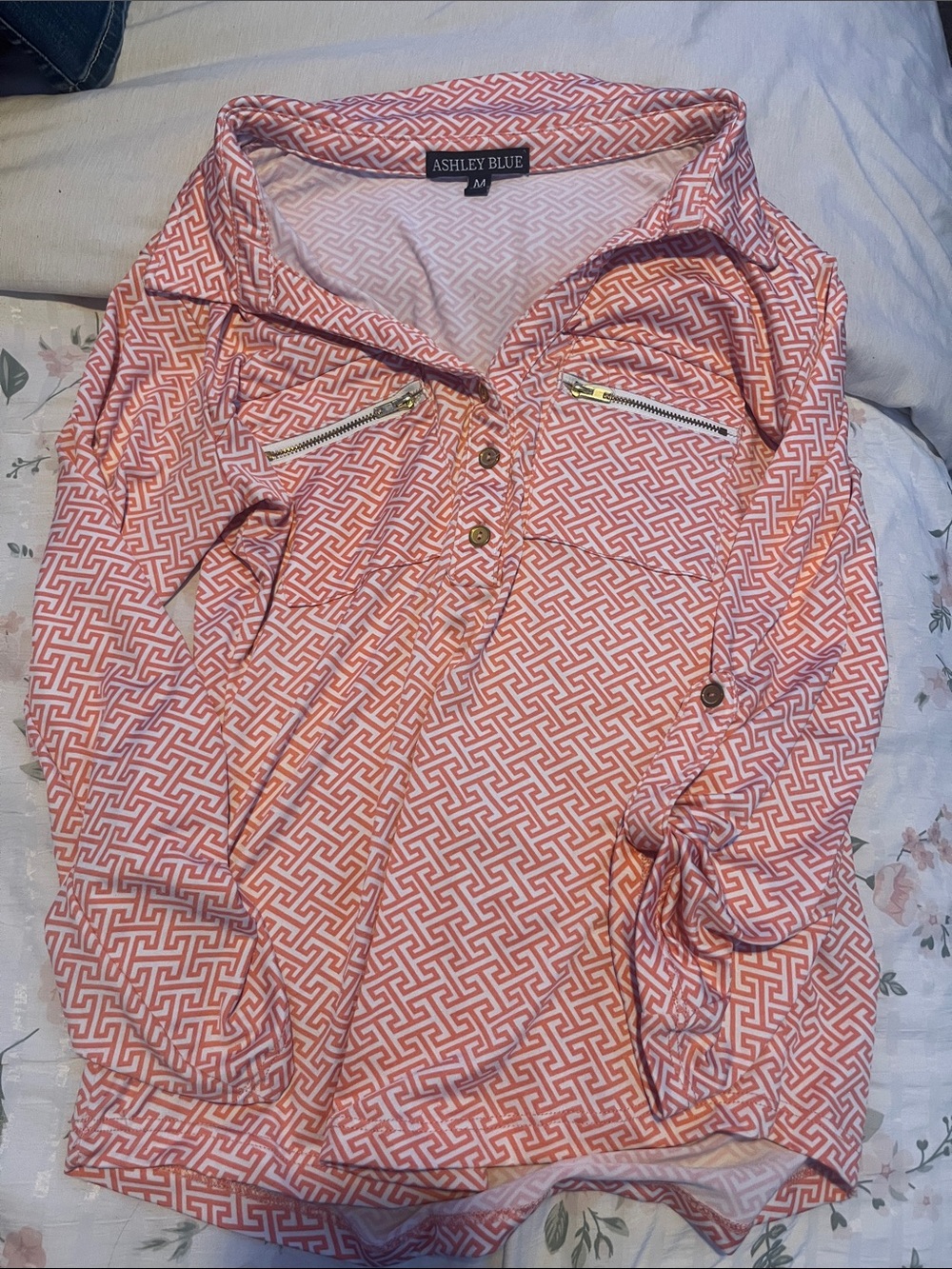Ashley Blue Coral and White Geometric Pullover Shirt